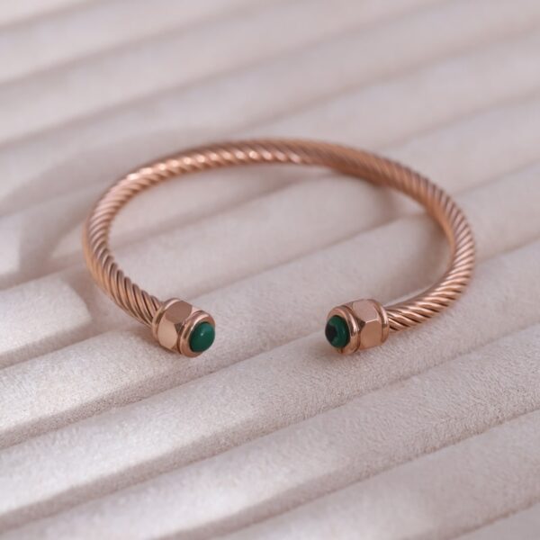 Twisted Rose Gold Open Kada with Green Stone Ends 1