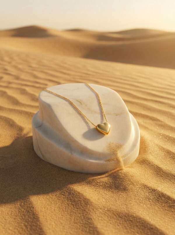 A delicate gold plated heart necklace on a black velvet display