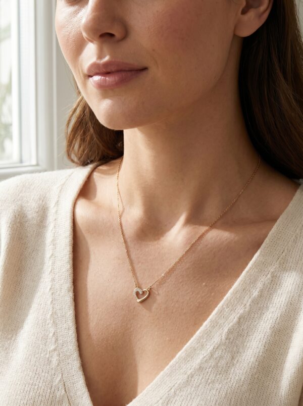 Luxury gold plated heart necklace displayed on a desert-inspired stone stand