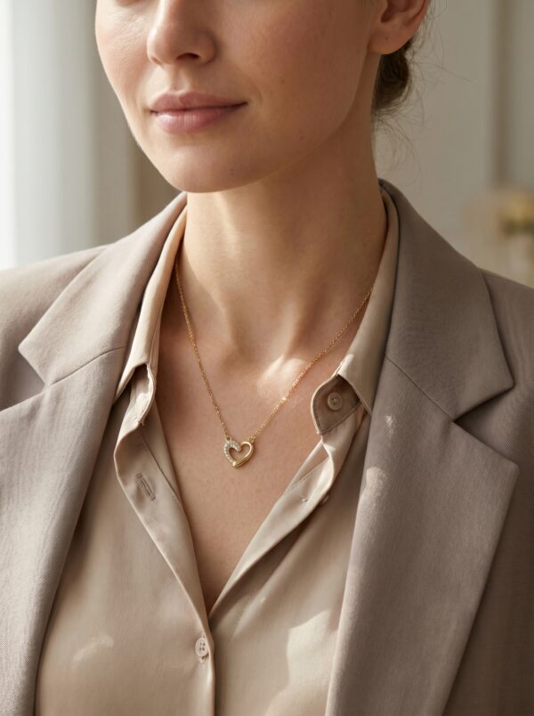 Elegant gold plated heart necklace on white surface