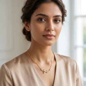 Model wearing a gold plated heart necklace with script detail