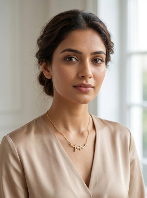 amour script gold plated heart necklace feat Model wearing a gold plated heart necklace with script detail