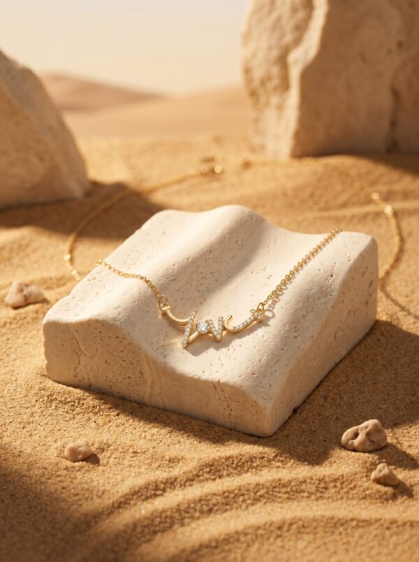Model wearing a gold plated heart necklace with script detail