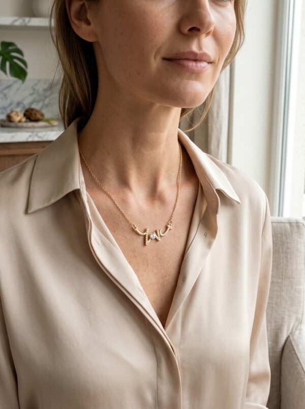 Model wearing a gold plated heart necklace with script detail