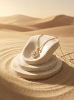 Gold plated pendant with clover motif on white surface