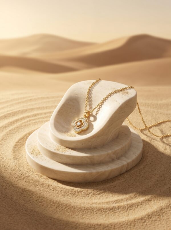 Gold plated pendant with clover motif on white surface