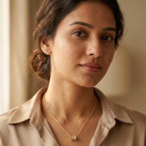 Close up of gold plated necklace with cylinder pendant