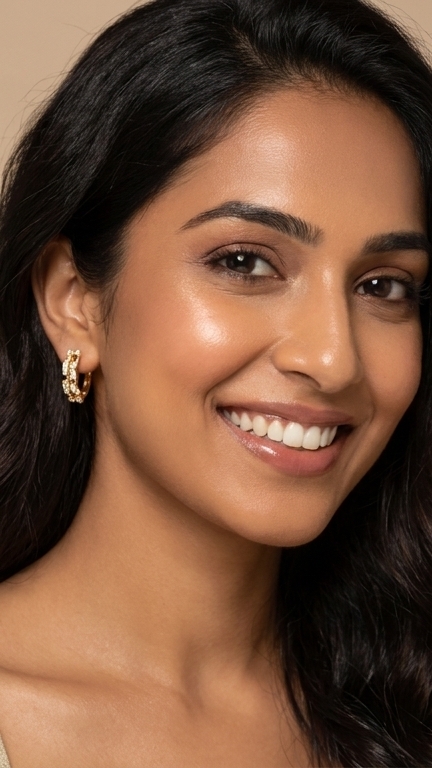 aura gold plated hoop earrings feat Model wearing gold plated hoop earrings with shimmering crystal details