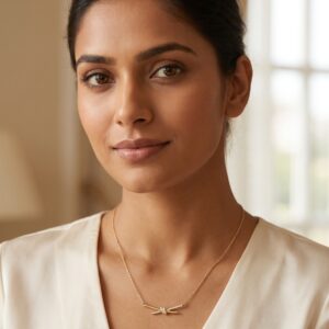 Aura Knot Golden Necklace laid flat on white surface