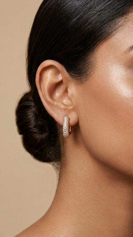 aura pav gold plated hoop earrings feat Woman wearing gold plated hoop earrings with pavé stones