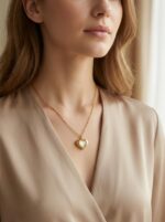 Gold plated heart necklace with mother of pearl center on black jewelry box