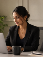 Professional woman wearing a gold plated heart necklace in a modern office setting