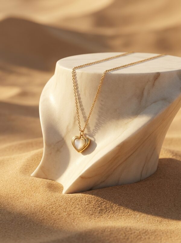 Gold plated heart necklace with mother of pearl center on black jewelry box