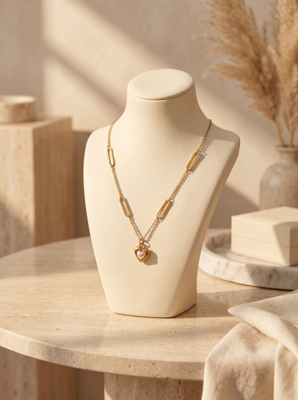 Close up of the Aura Pearl Heart Necklace inside a velvet box