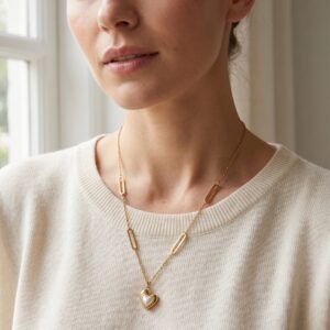 Close up of the Aura Pearl Heart Necklace inside a velvet box