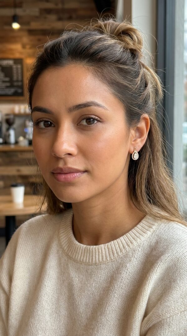 aura-teardrop-studs-feat Woman wearing gold plated stud earrings