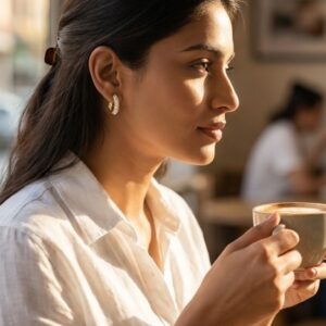 Woman wearing elegant gold hoop earrings in a cafe