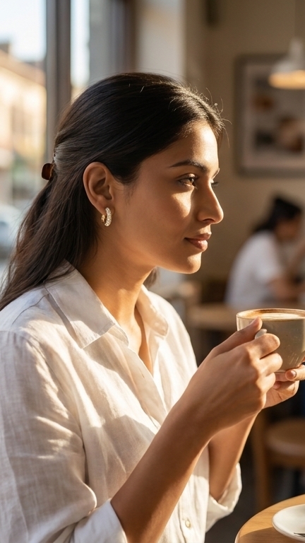 aurelia paved hoop earrings feat Woman wearing elegant gold hoop earrings in a cafe