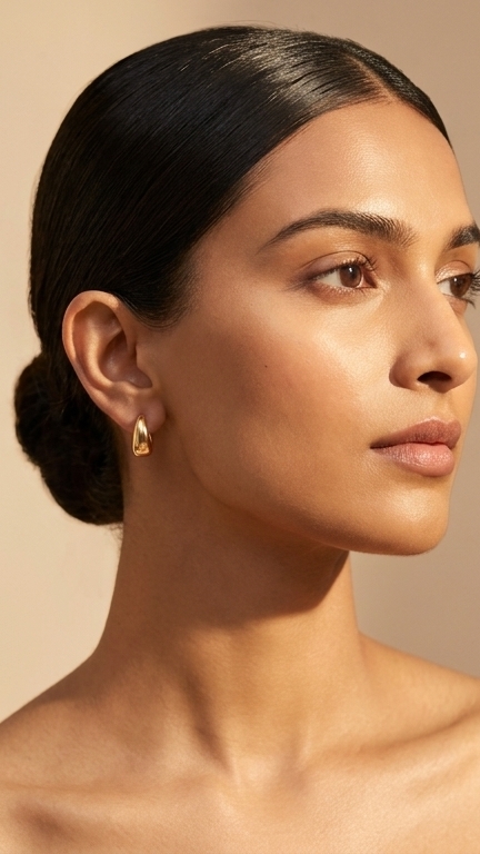 aurelia small gold hoop earrings feat Woman wearing minimalist gold hoop earrings