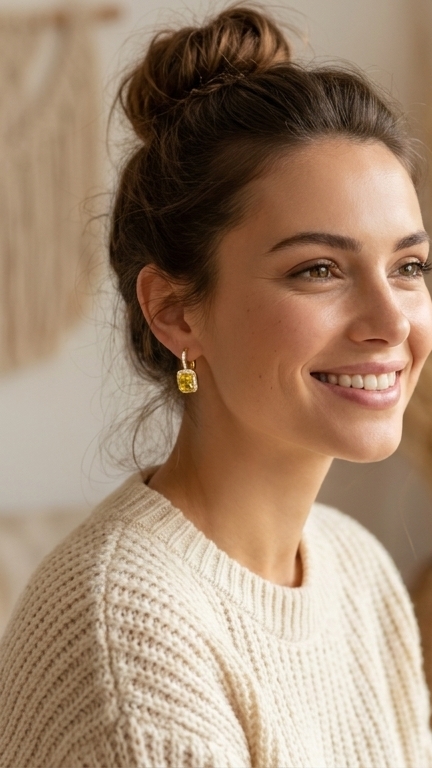 citrine aura gold plated stone earrings feat Woman wearing gold plated stone earrings featuring vibrant yellow centers