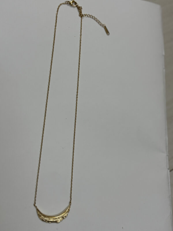 Close up of the Crescent Moon Golden Necklace resting on a black velvet display