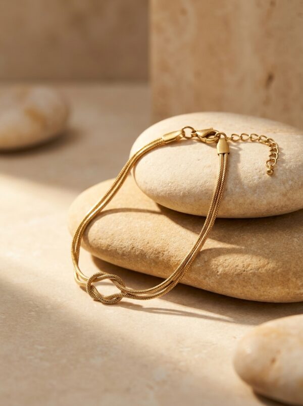 Model wearing an Eternity Knot Gold Bracelet on wrist