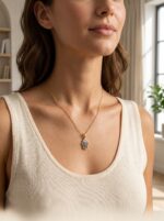 A delicate gold chain featuring a Hamsa hand pendant with blue and white stones
