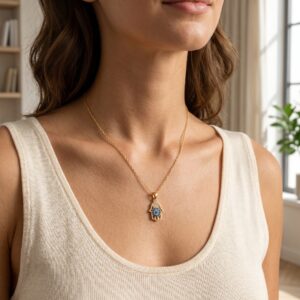 A delicate gold chain featuring a Hamsa hand pendant with blue and white stones