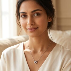 Flat lay of the Intertwined Heart Necklace on a white surface