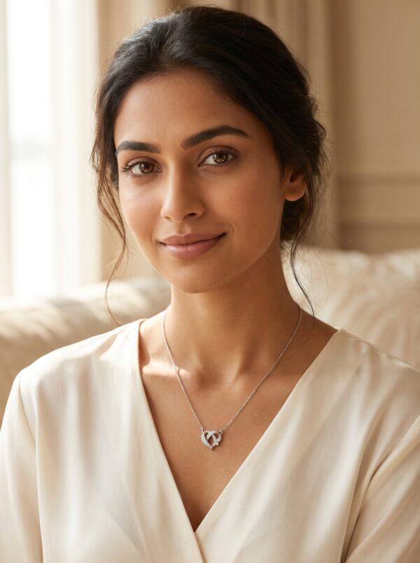 intertwined heart necklace gal 3 Flat lay of the Intertwined Heart Necklace on a white surface