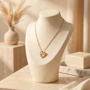Close up of a sparkling gold plated heart necklace pendant
