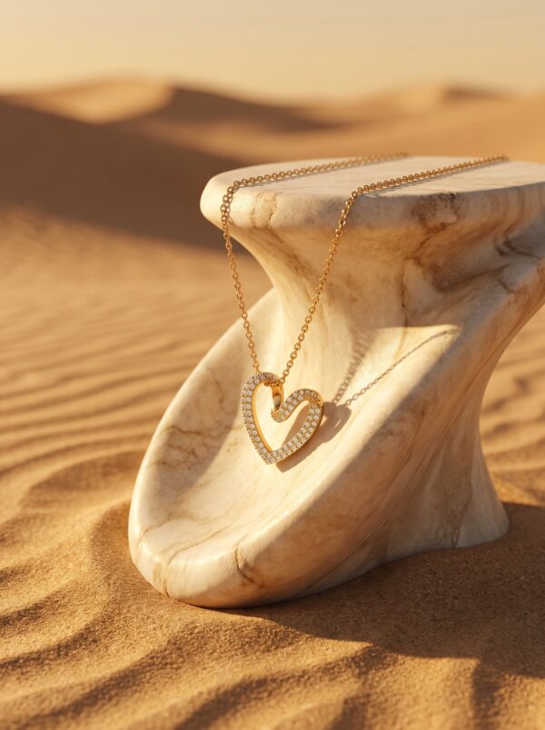 Lumina gold plated heart necklace on a jewelry display bust