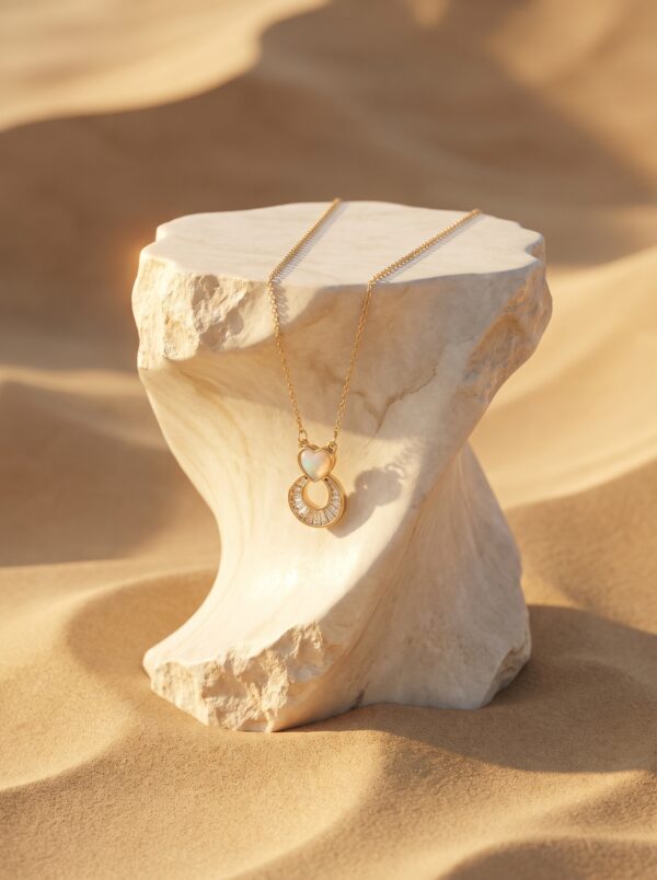 Close up of Lumina heart pendant necklace on velvet display