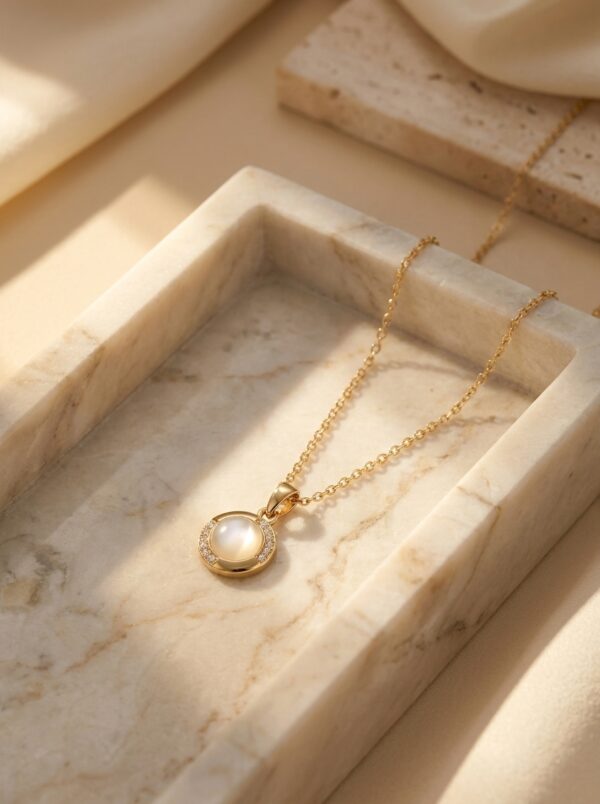 Elegant gold plated necklace with central pearl on green silk