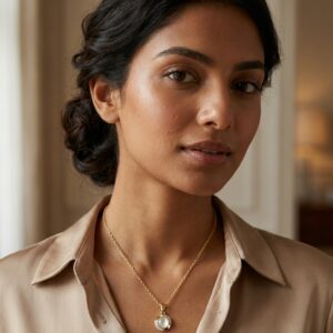 Lumina gold plated necklace with pearl pendant on black velvet