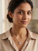 Silver pearl pendant necklace on white background