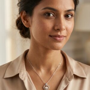 Silver pearl pendant necklace on white background