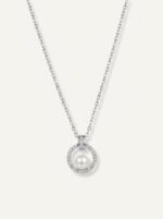 Silver pearl pendant necklace on white background