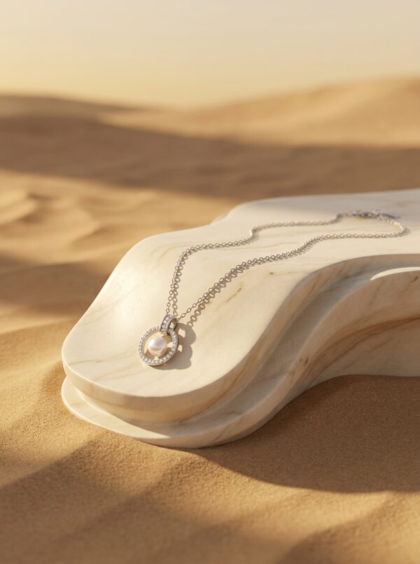 Silver pearl pendant necklace on white background