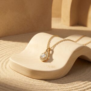Overhead view of delicate gold plated pendant necklace on black velvet
