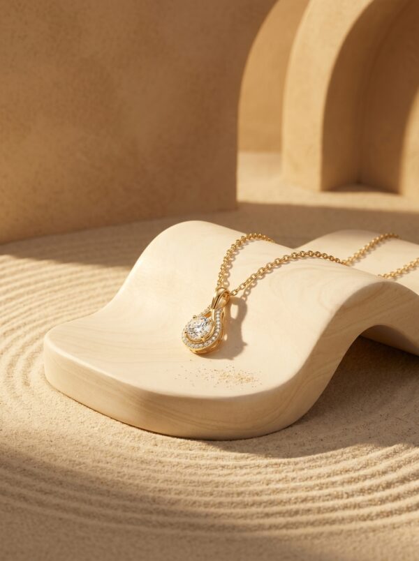 Overhead view of delicate gold plated pendant necklace on black velvet