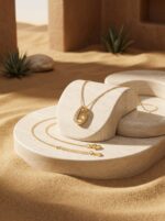 Close up of the Lumina Teardrop Golden Necklace on a white background