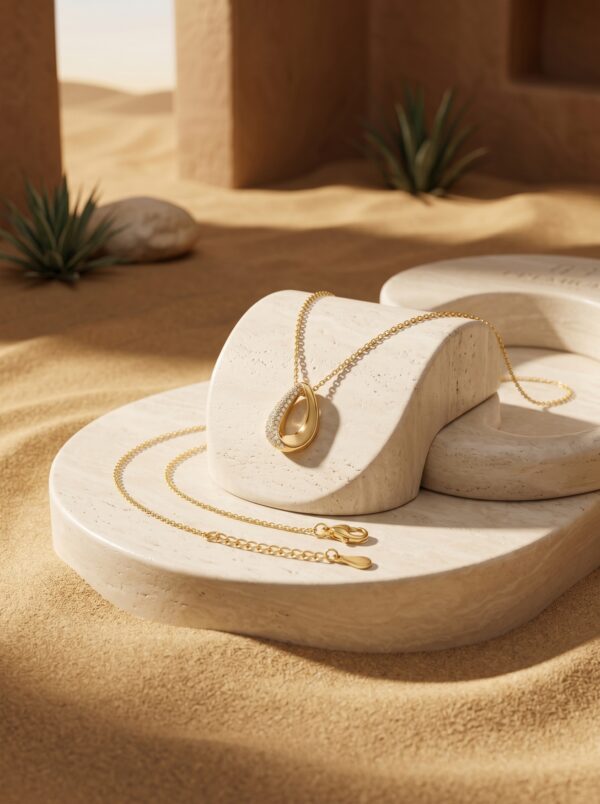 Close up of the Lumina Teardrop Golden Necklace on a white background