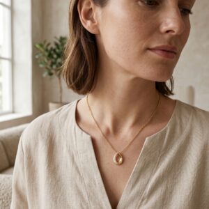 Close up of the Lumina Teardrop Golden Necklace on a white background