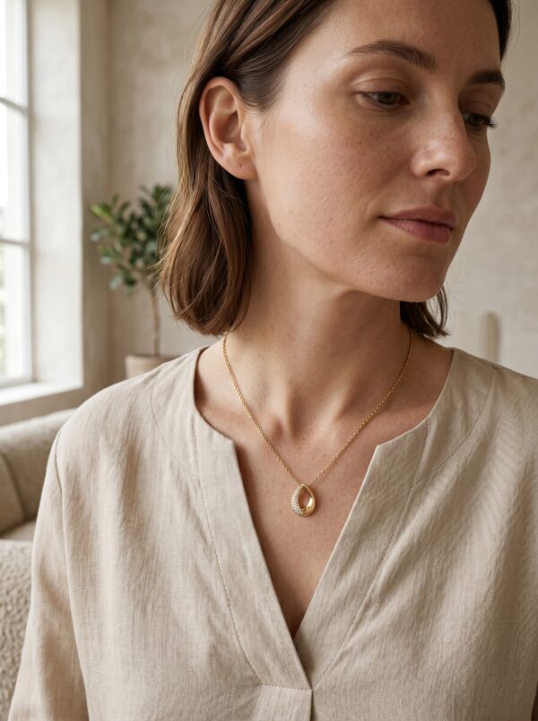 lumina-teardrop-golden-necklace-gal-3 Close up of the Lumina Teardrop Golden Necklace on a white background