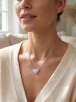 Close up of silver heart necklace on black velvet box