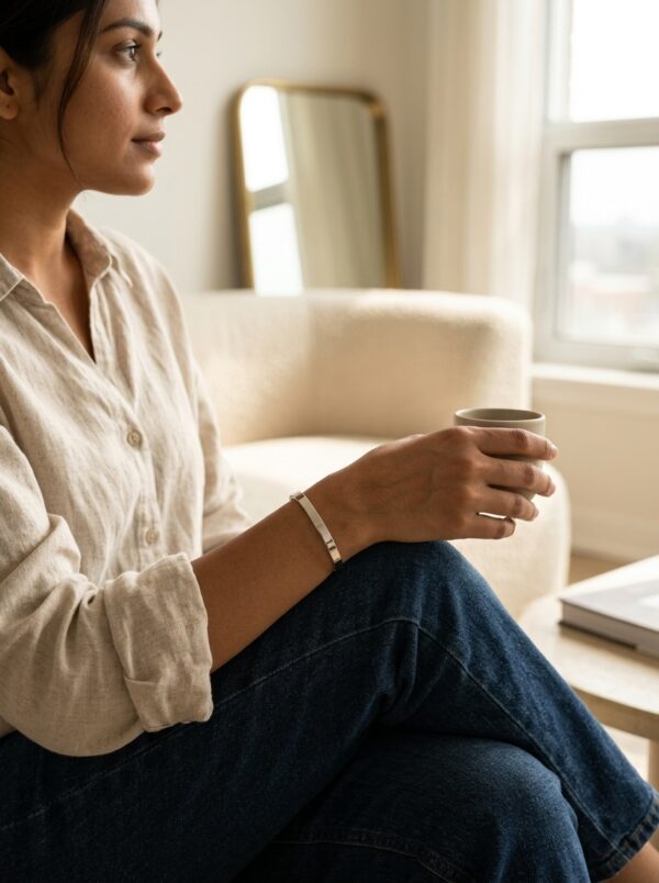 serene silver cuff gal 2 Minimalist silver cuff bracelet on plain background