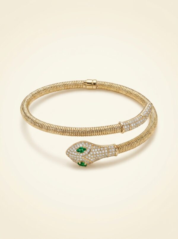 Woman wearing an elegant golden snake kada on her wrist