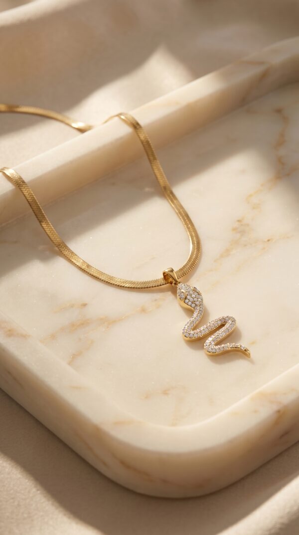 Woman wearing elegant gold plated snake necklace