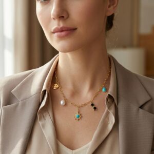 A gold plated necklace with various charms displayed on a black velvet stand
